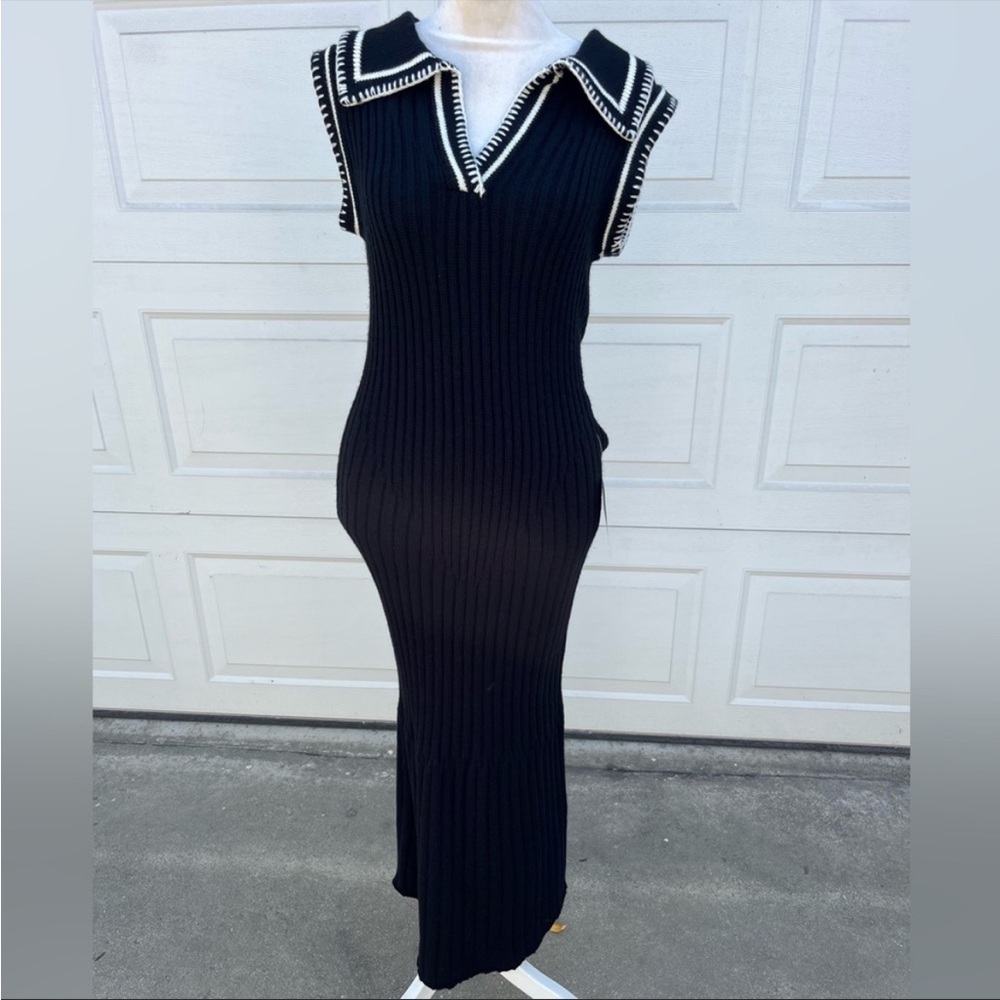 EN SAISON black Ribbed knit Sweater Midi Dress collar M NWT - Picture 2 of 7